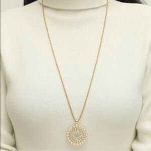 Inlaid Faux Pearl Round Alloy Pendant Necklace Simple Style Long Chain NIP